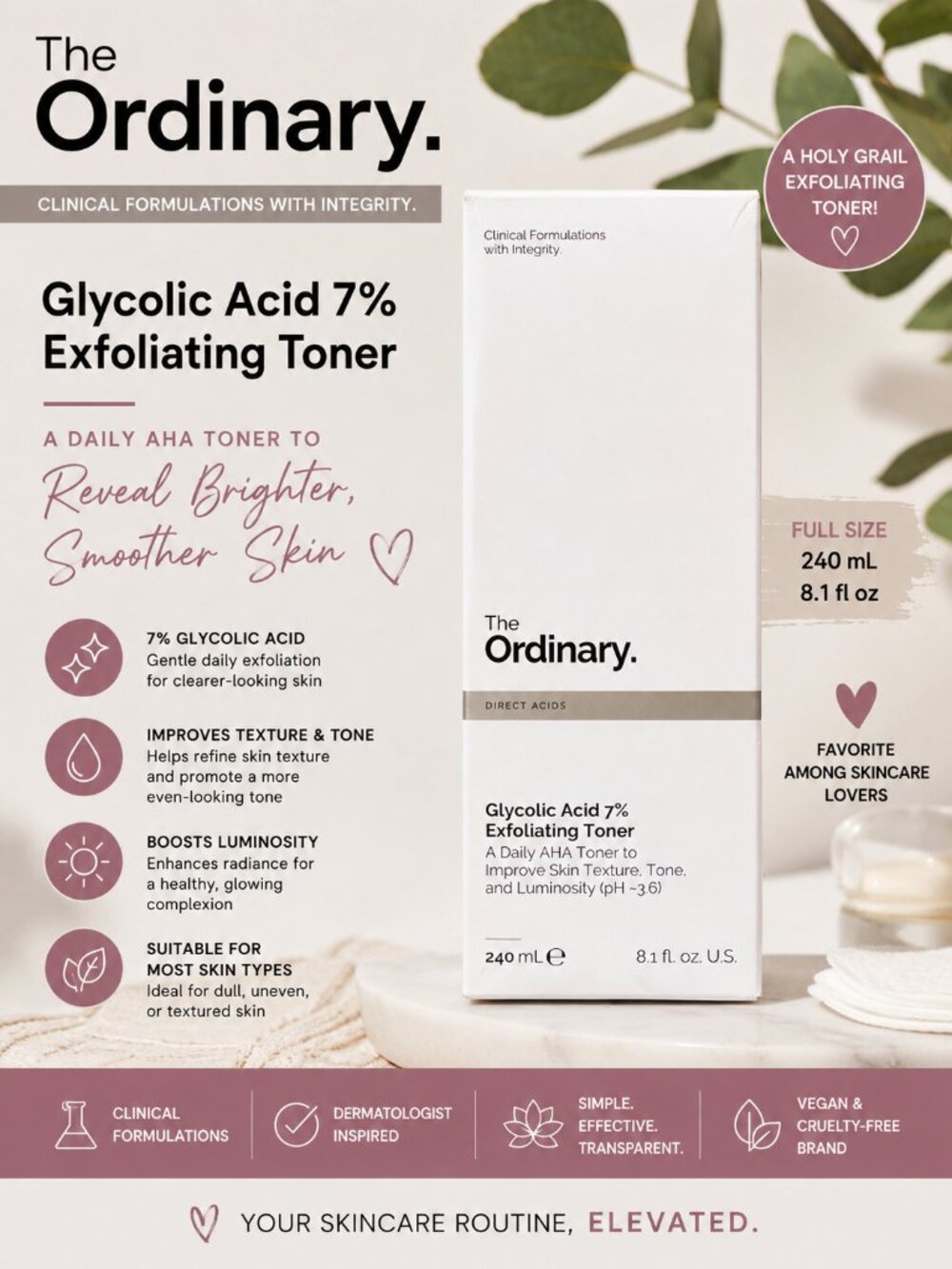 The Ordinary Glycolic Acid 7% Exfoliating Toner 8.1 oz 240mL AHA Skincare